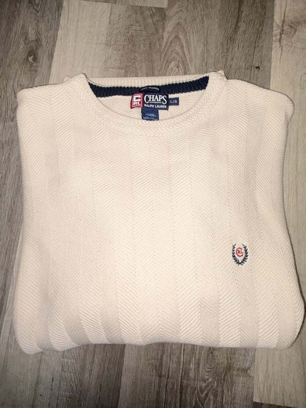 Chaps Ralph Lauren Crewneck Sweater Size L Cream Cotton Knit Pullover
